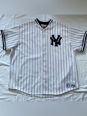 Majestic MESH New York Yankees White with Navy Pinstripe Baseball Jersey